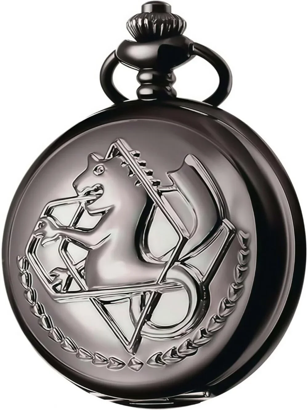 Mens Black Quartz Engraved Fulmetal Alchenist Arabic Numerals Chain Pocket Watch